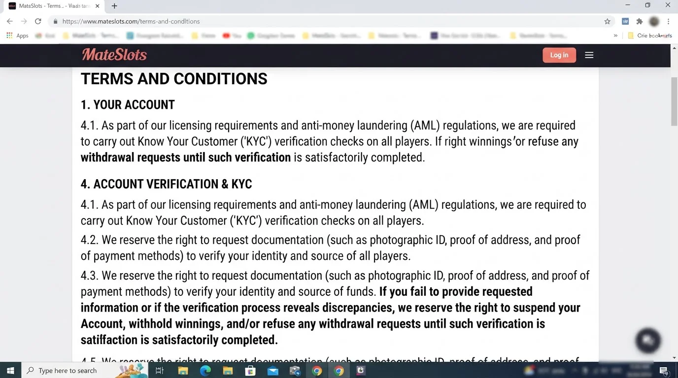MateSlots terms showing account verification and KYC requirements