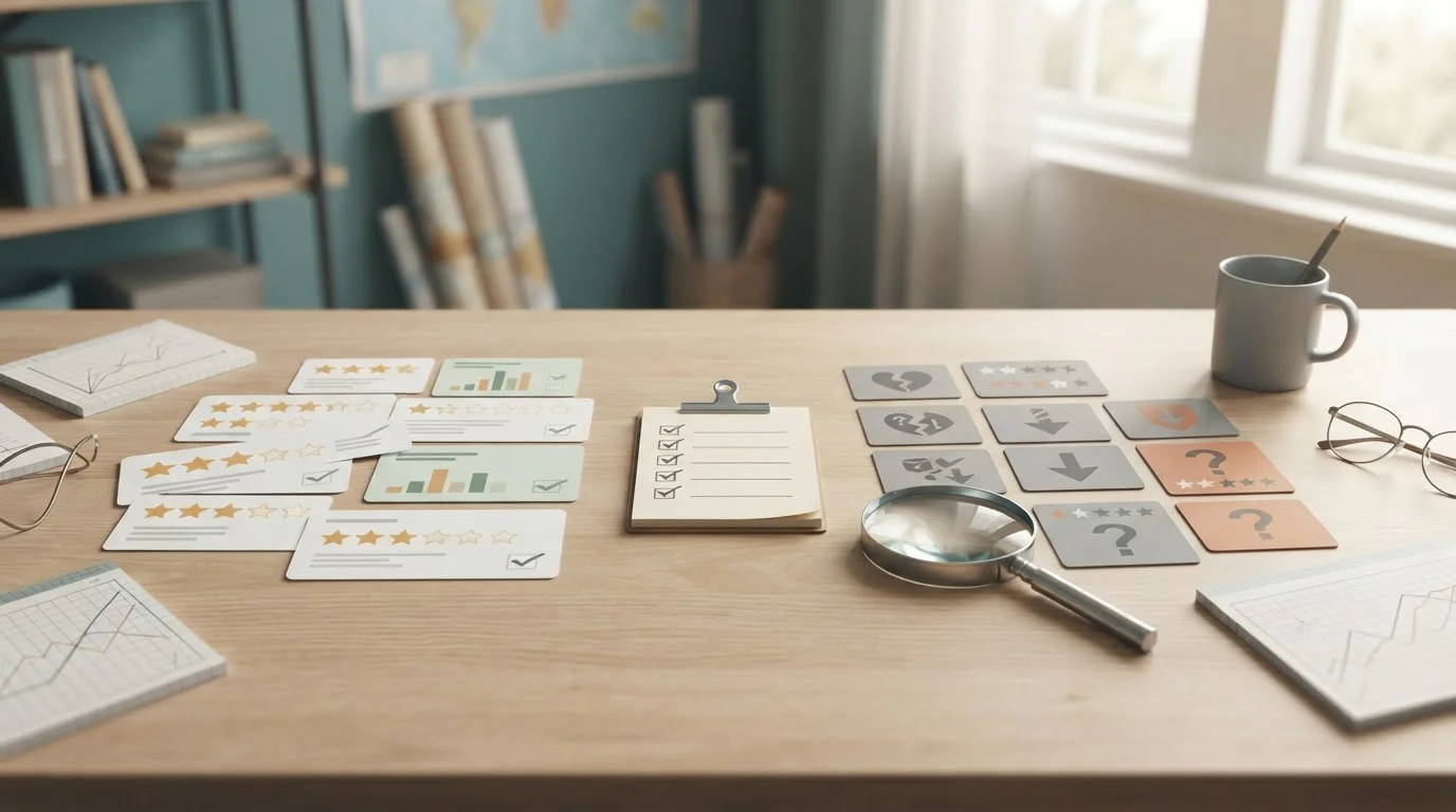 Neutral editorial illustration of review stars, complaint notes and verification checks