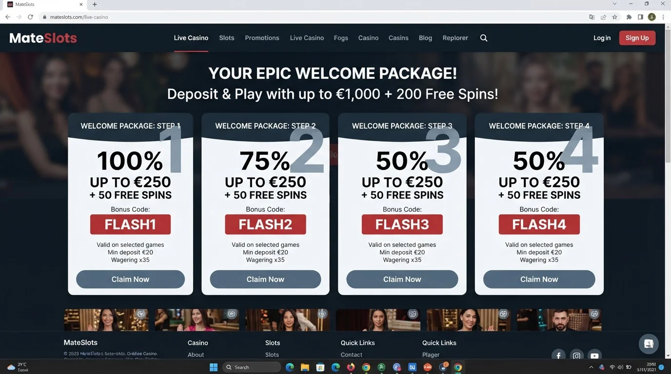 Current MateSlots welcome promotion cards showing the FLASH welcome codes