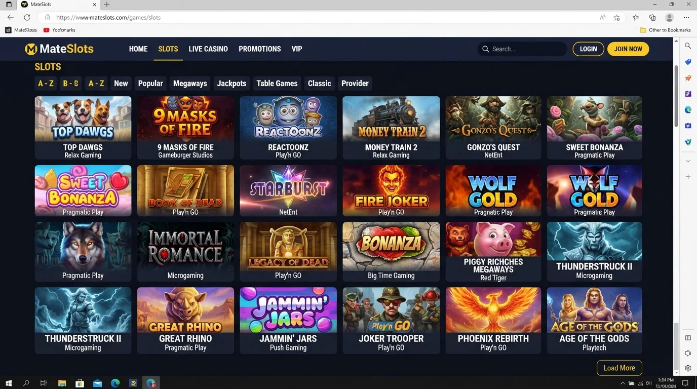 Current MateSlots slots catalogue with category navigation and game tiles