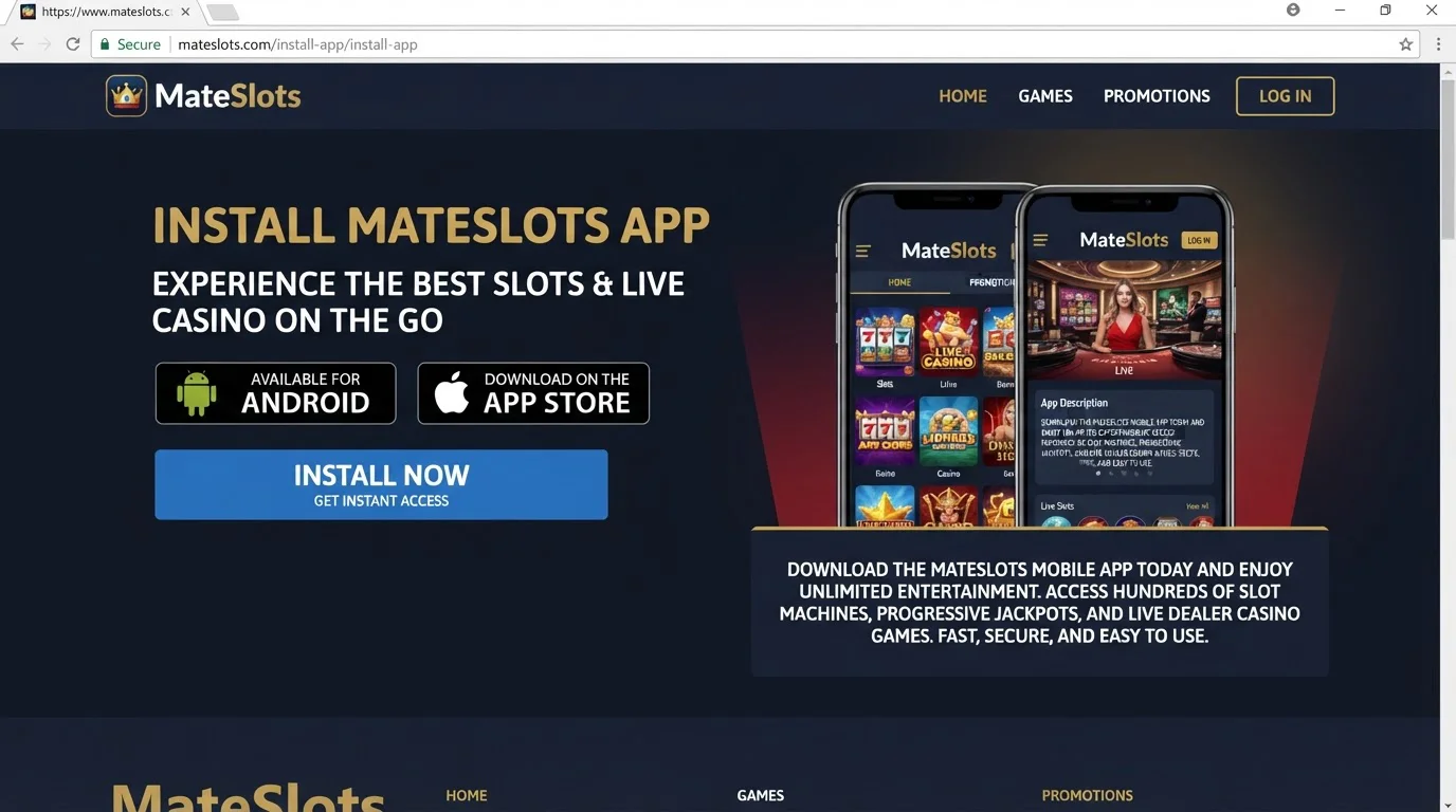 Current MateSlots brand-hosted install app page for mobile casino access