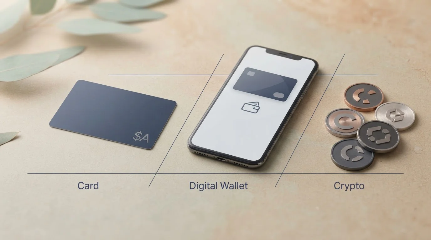 Editorial comparison of AUD payments using a generic bank card, e-wallet and cryptocurrency symbols