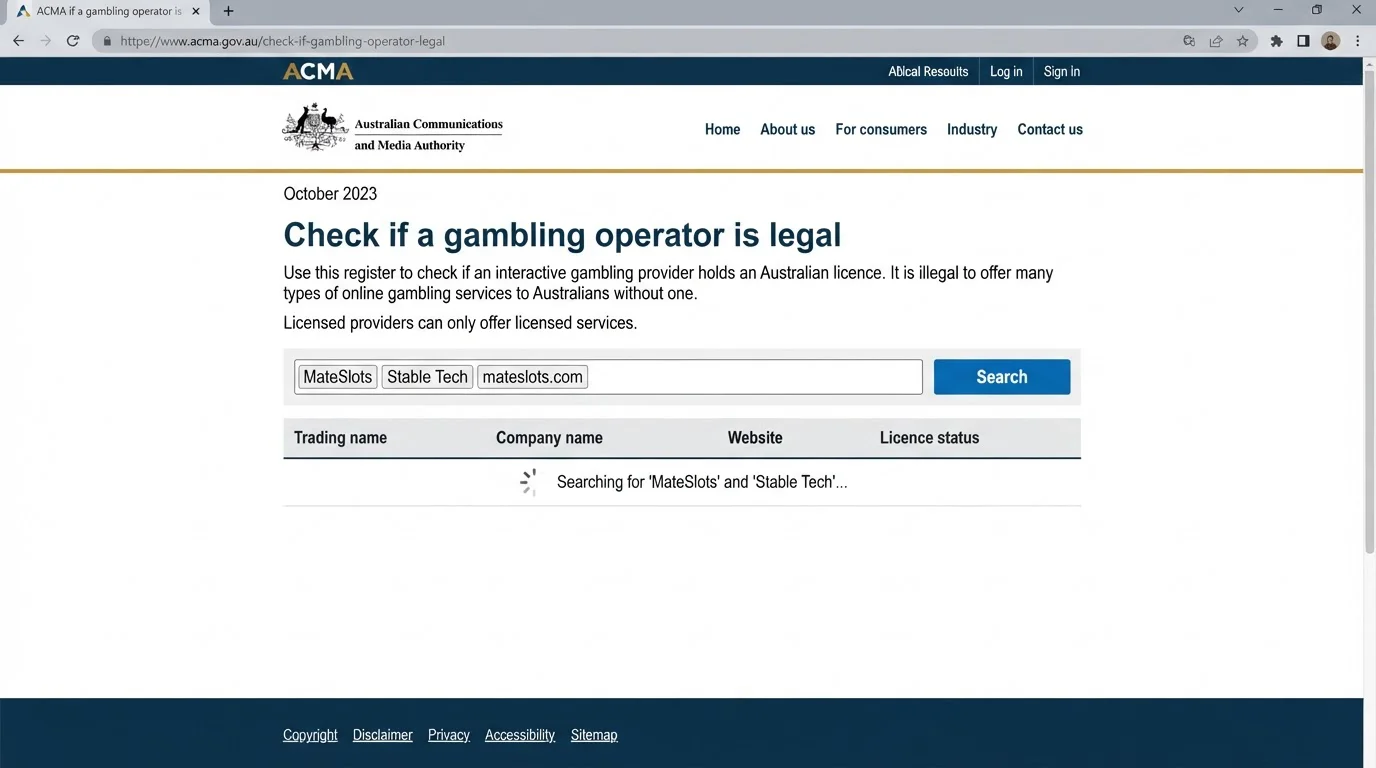 ACMA licensed interactive gambling provider register used to check MateSlots local licence status