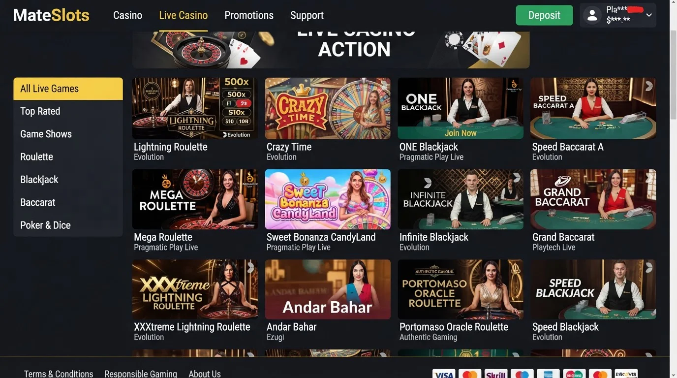 Current MateSlots live casino lobby with provider and category navigation