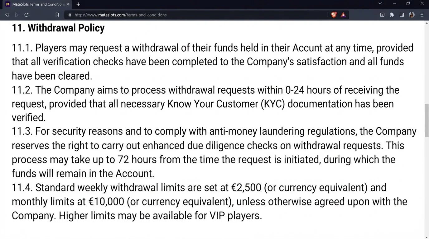 MateSlots withdrawal terms showing current processing and limit clauses
