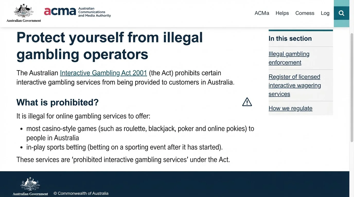ACMA page explaining Australian rules for illegal online casino services