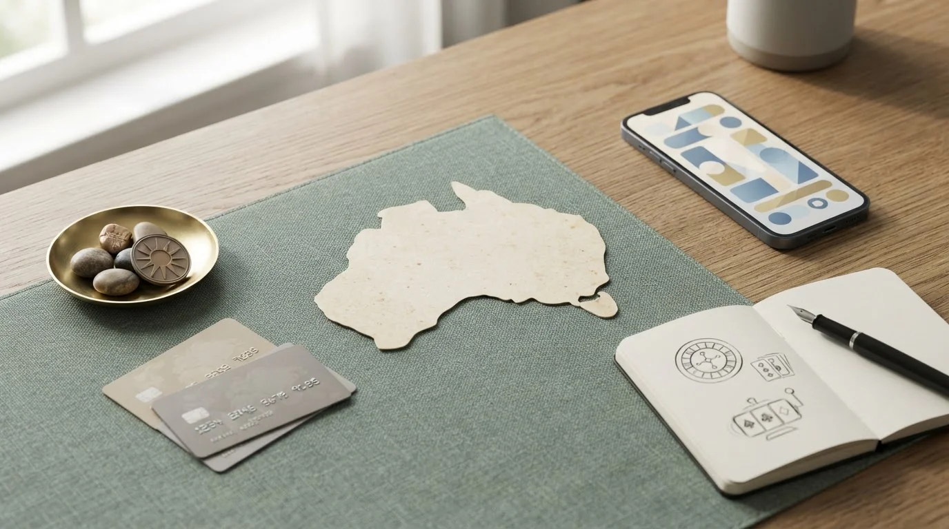Editorial illustration of an Australian casino review workspace with AUD, payment, mobile and game-category motifs