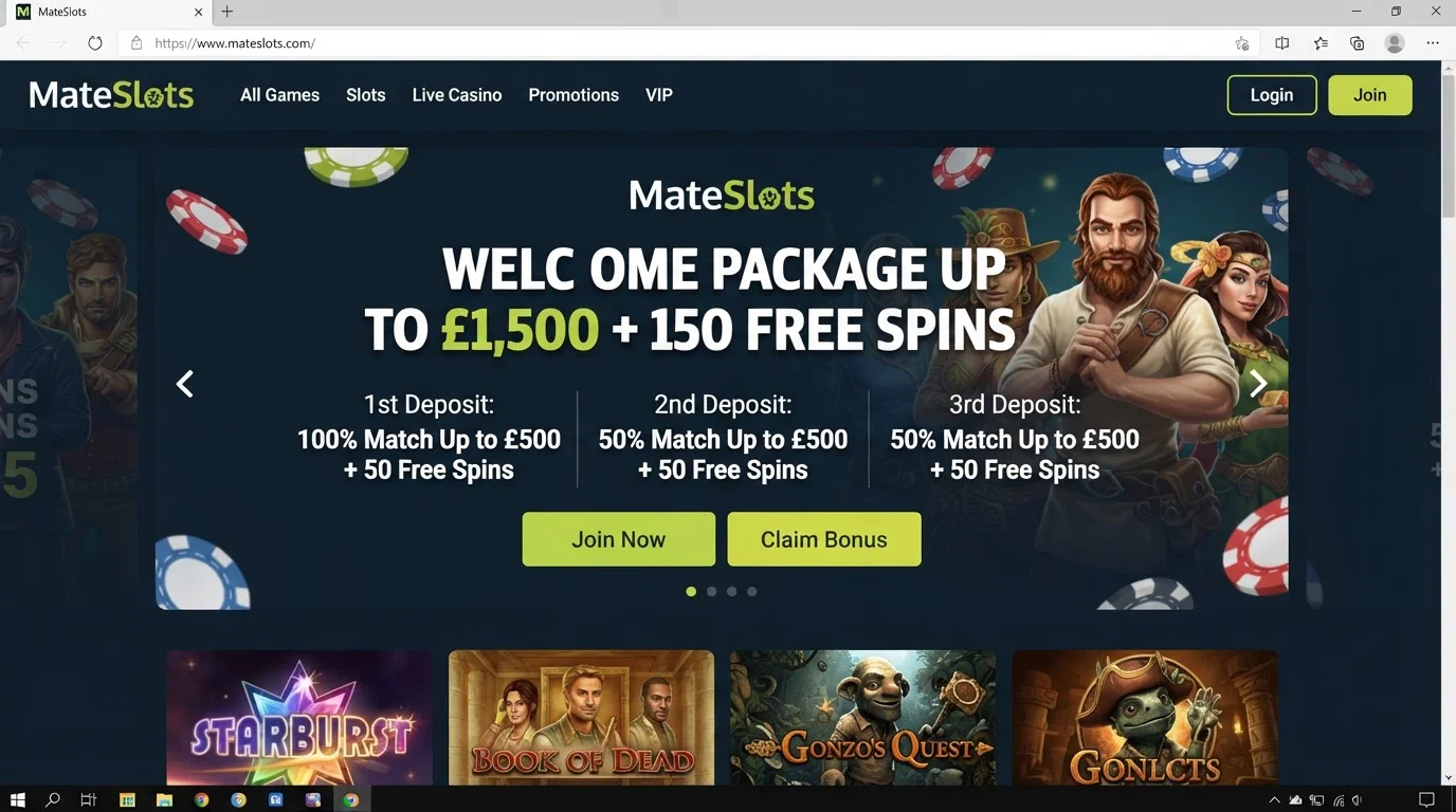 Current MateSlots homepage showing its welcome package and casino interface