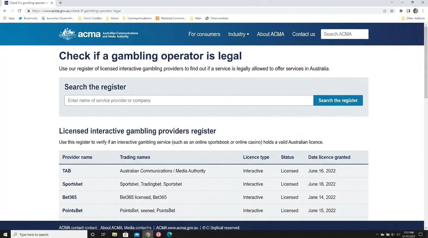 ACMA licensed interactive gambling provider register check page
